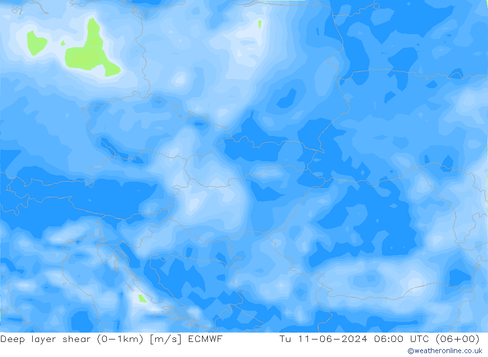 Deep layer shear (0-1km) ECMWF Sa 11.06.2024 06 UTC