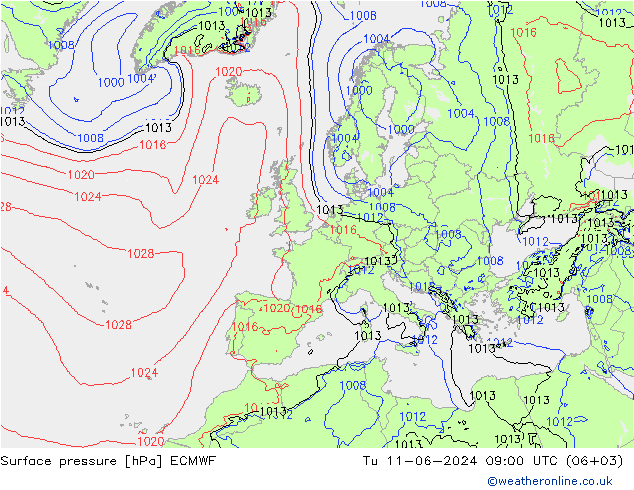 Surface pressure ECMWF Tu 11.06.2024 09 UTC