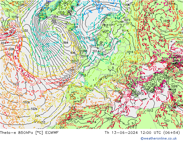 Theta-e 850hPa ECMWF do 13.06.2024 12 UTC