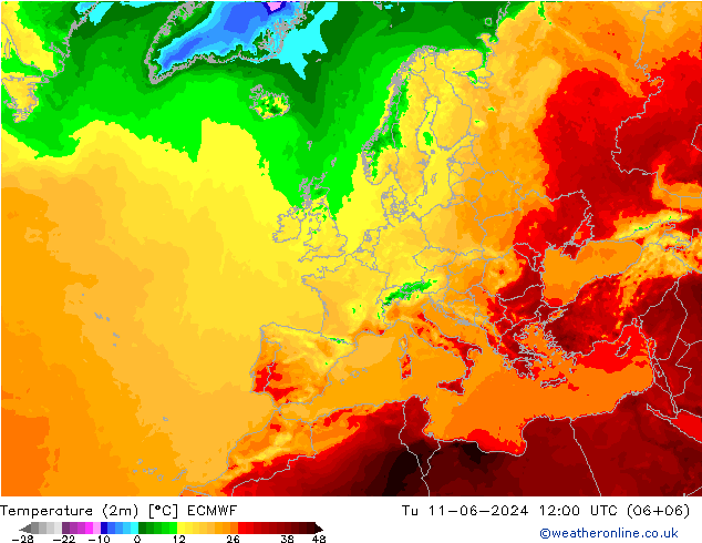 Temperaturkarte (2m) ECMWF Di 11.06.2024 12 UTC
