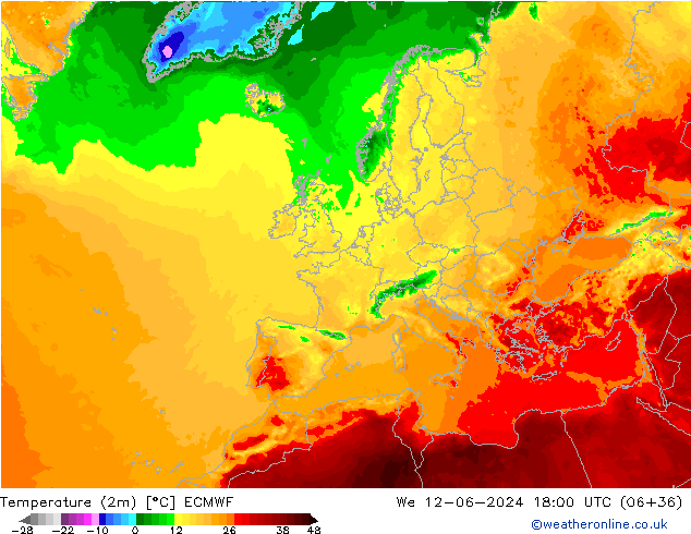 Temperatuurkaart (2m) ECMWF wo 12.06.2024 18 UTC