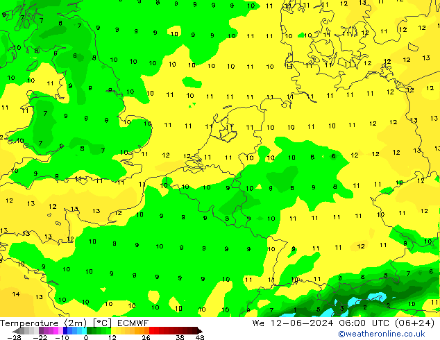 Temperature (2m) ECMWF We 12.06.2024 06 UTC