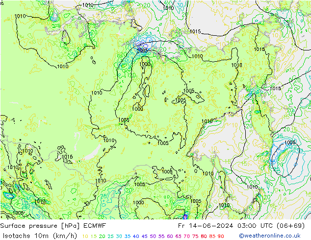 Isotachen (km/h) ECMWF Fr 14.06.2024 03 UTC