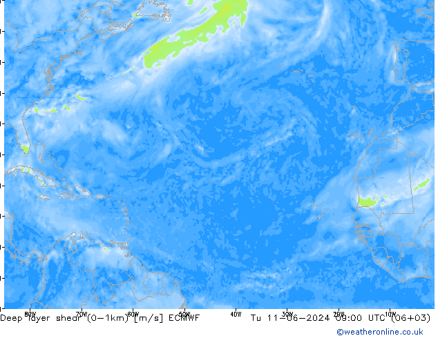 Deep layer shear (0-1km) ECMWF di 11.06.2024 09 UTC