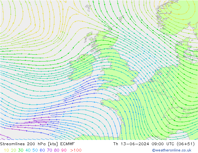 Streamlines 200 hPa ECMWF Čt 13.06.2024 09 UTC