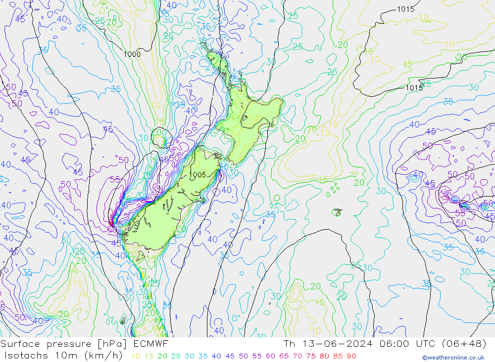 Isotachs (kph) ECMWF Qui 13.06.2024 06 UTC