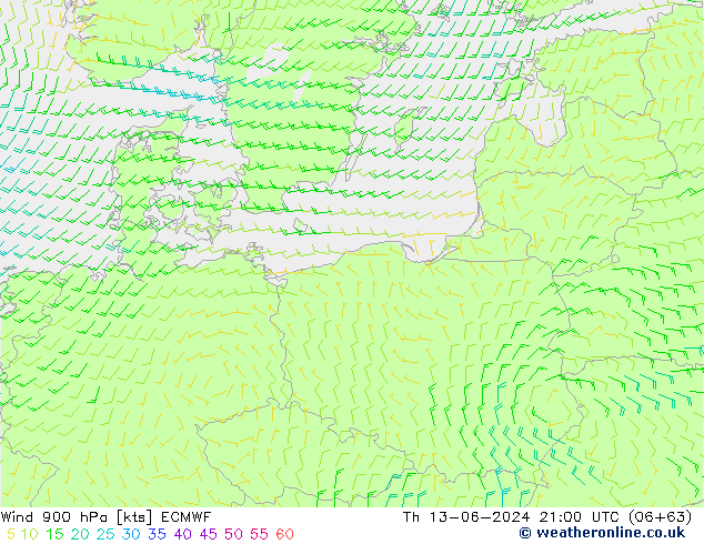 Vent 900 hPa ECMWF jeu 13.06.2024 21 UTC