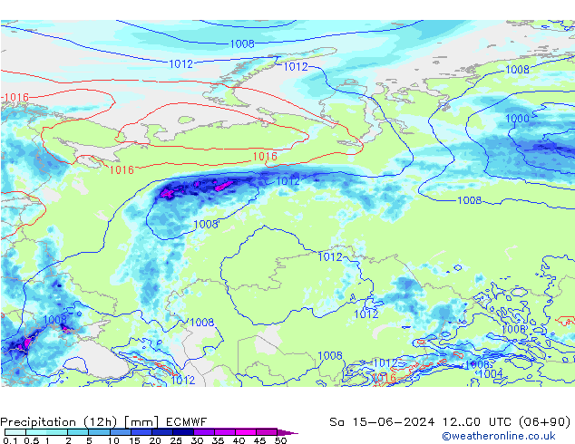 Totale neerslag (12h) ECMWF za 15.06.2024 00 UTC
