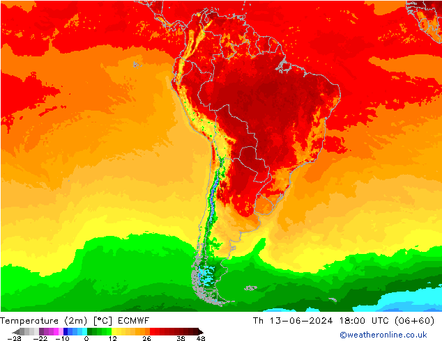 Temperature (2m) ECMWF Th 13.06.2024 18 UTC