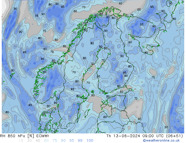 Humidité rel. 850 hPa ECMWF jeu 13.06.2024 09 UTC
