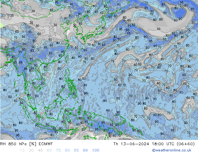 RH 850 hPa ECMWF czw. 13.06.2024 18 UTC