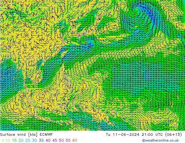 Surface wind ECMWF Út 11.06.2024 21 UTC