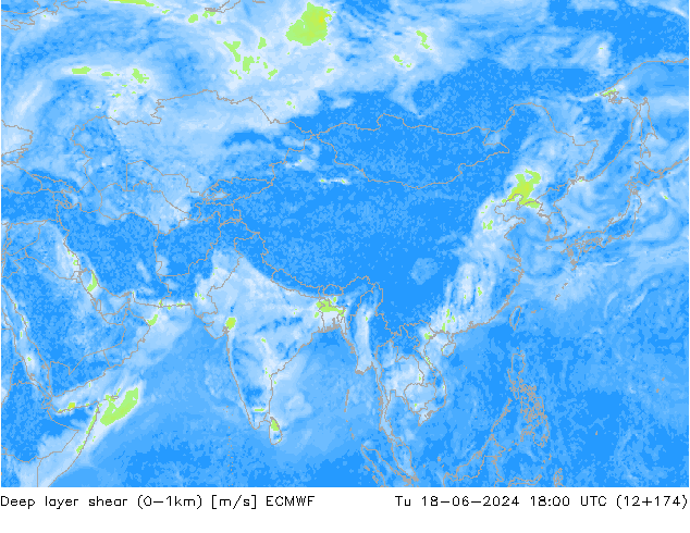 Deep layer shear (0-1km) ECMWF mar 18.06.2024 18 UTC