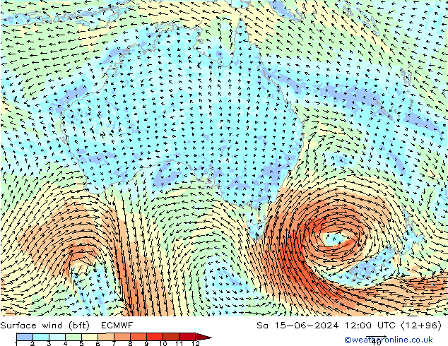 ве�Bе�@ 10 m (bft) ECMWF сб 15.06.2024 12 UTC