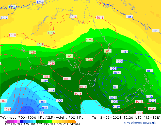 Thck 700-1000 hPa ECMWF Tu 18.06.2024 12 UTC