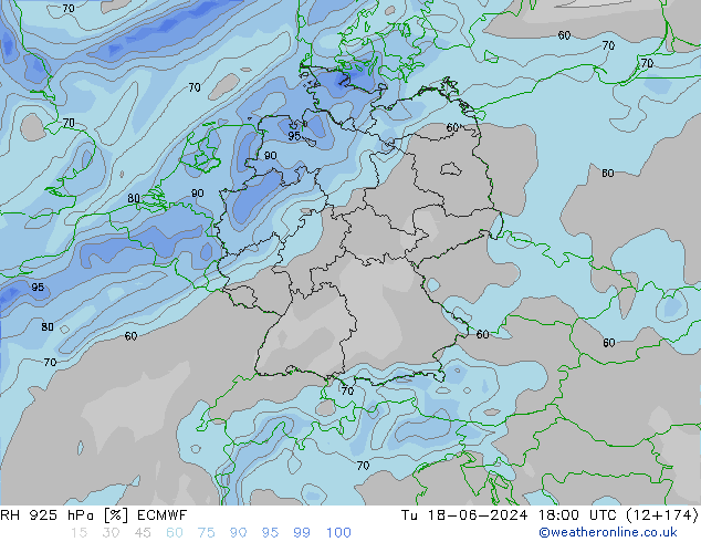 RH 925 hPa ECMWF Út 18.06.2024 18 UTC