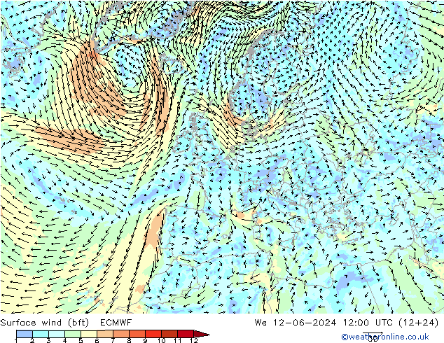 Surface wind (bft) ECMWF We 12.06.2024 12 UTC