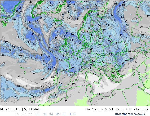 Humidité rel. 850 hPa ECMWF sam 15.06.2024 12 UTC