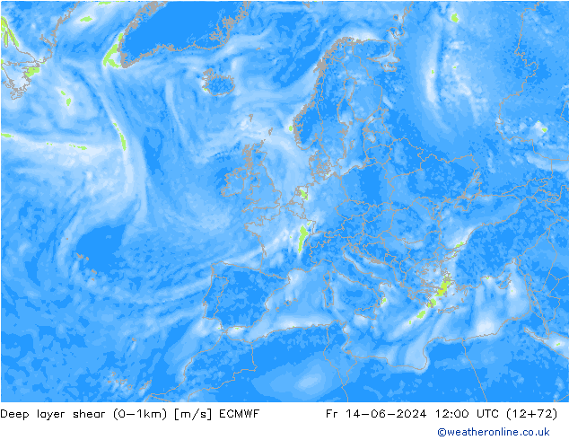 Deep layer shear (0-1km) ECMWF пт 14.06.2024 12 UTC