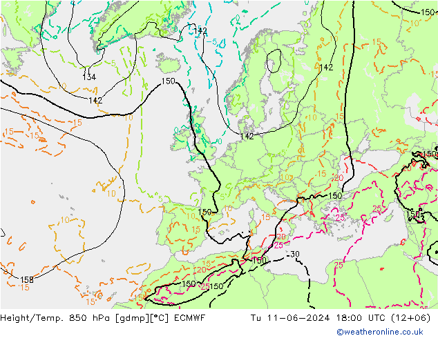 Height/Temp. 850 hPa ECMWF 星期二 11.06.2024 18 UTC