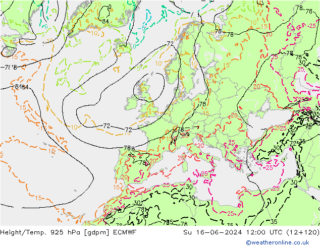 Height/Temp. 925 hPa ECMWF Su 16.06.2024 12 UTC