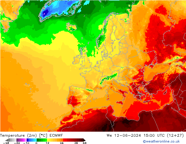 Temperature (2m) ECMWF We 12.06.2024 15 UTC