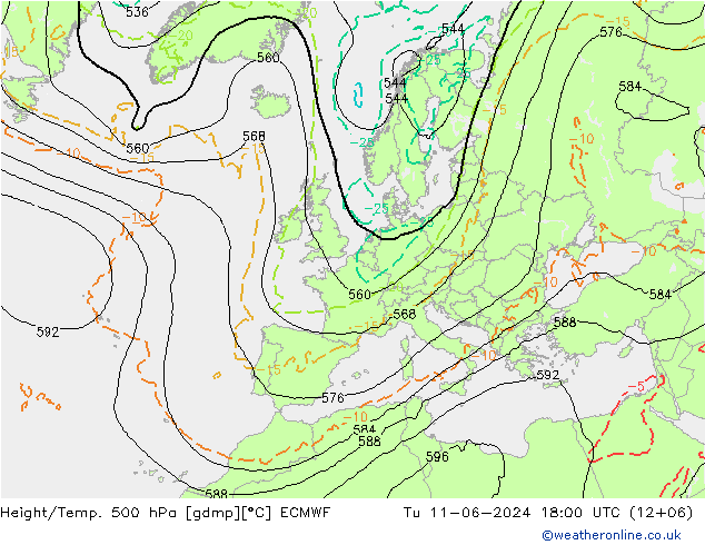 Z500/Rain (+SLP)/Z850 ECMWF Tu 11.06.2024 18 UTC