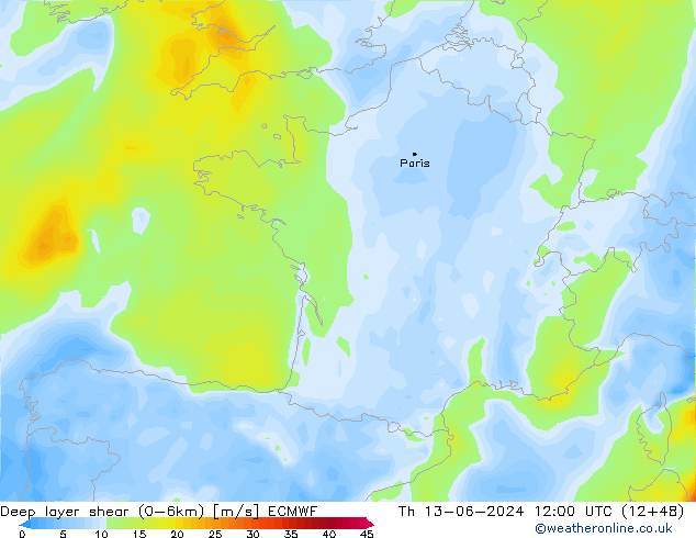 Deep layer shear (0-6km) ECMWF jue 13.06.2024 12 UTC