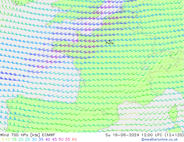 wiatr 700 hPa ECMWF nie. 16.06.2024 12 UTC