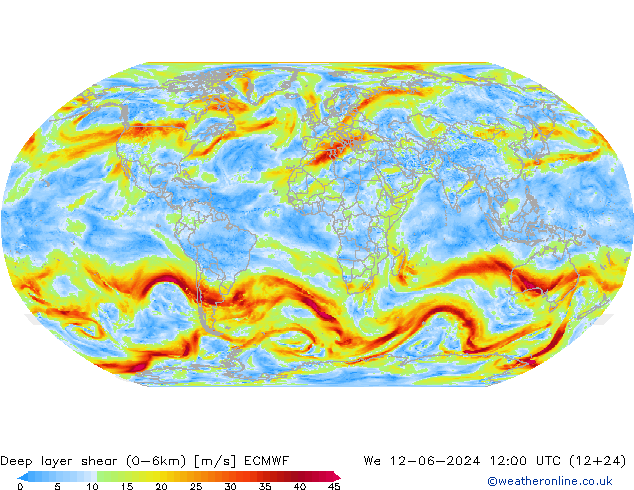 Deep layer shear (0-6km) ECMWF Mi 12.06.2024 12 UTC