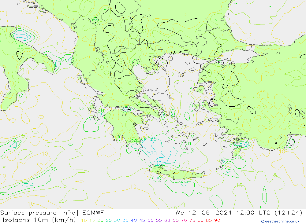 Eşrüzgar Hızları (km/sa) ECMWF Çar 12.06.2024 12 UTC