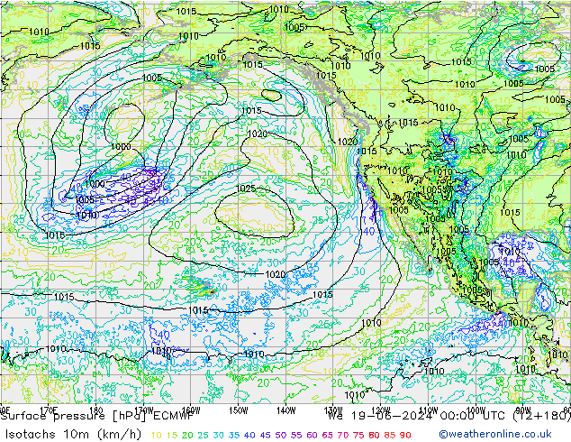 Isotachs (kph) ECMWF ср 19.06.2024 00 UTC