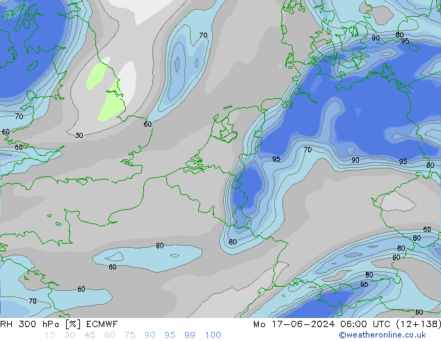 Humedad rel. 300hPa ECMWF lun 17.06.2024 06 UTC