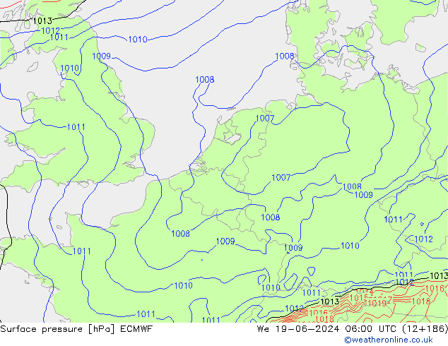 Presión superficial ECMWF mié 19.06.2024 06 UTC