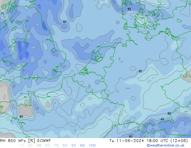 Humedad rel. 850hPa ECMWF mar 11.06.2024 18 UTC