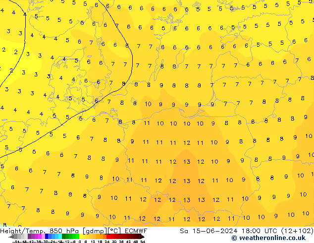 Height/Temp. 850 hPa ECMWF So 15.06.2024 18 UTC