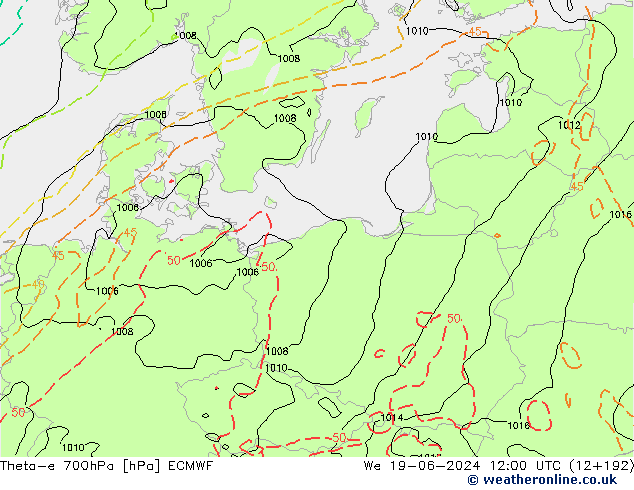 Theta-e 700hPa ECMWF We 19.06.2024 12 UTC