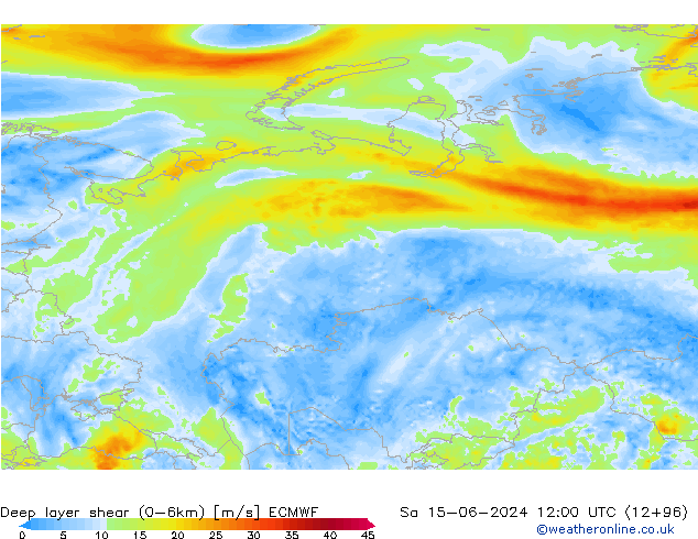 Deep layer shear (0-6km) ECMWF sáb 15.06.2024 12 UTC