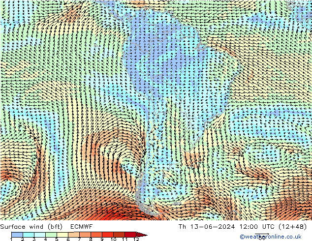 Surface wind (bft) ECMWF Th 13.06.2024 12 UTC
