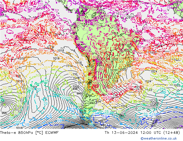 Theta-e 850hPa ECMWF Čt 13.06.2024 12 UTC