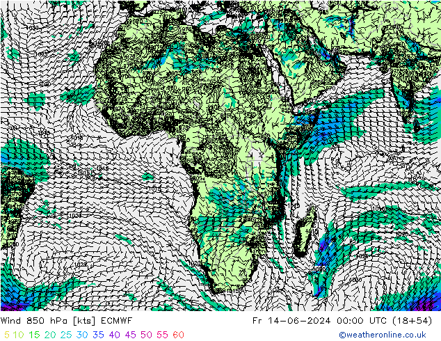 Vento 850 hPa ECMWF Sex 14.06.2024 00 UTC