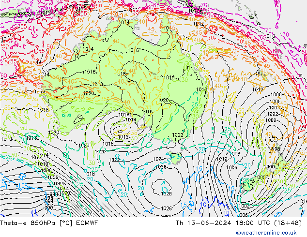 Theta-e 850hPa ECMWF gio 13.06.2024 18 UTC