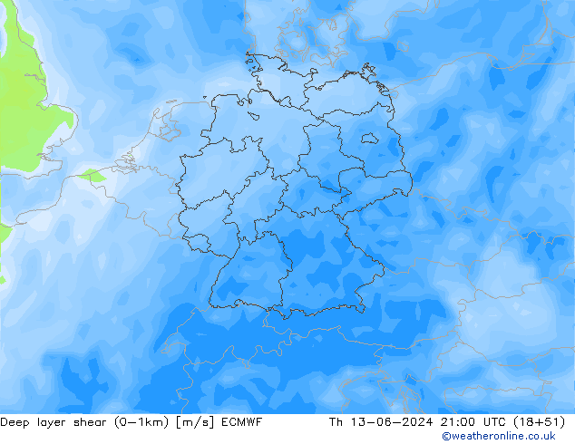 Deep layer shear (0-1km) ECMWF Čt 13.06.2024 21 UTC