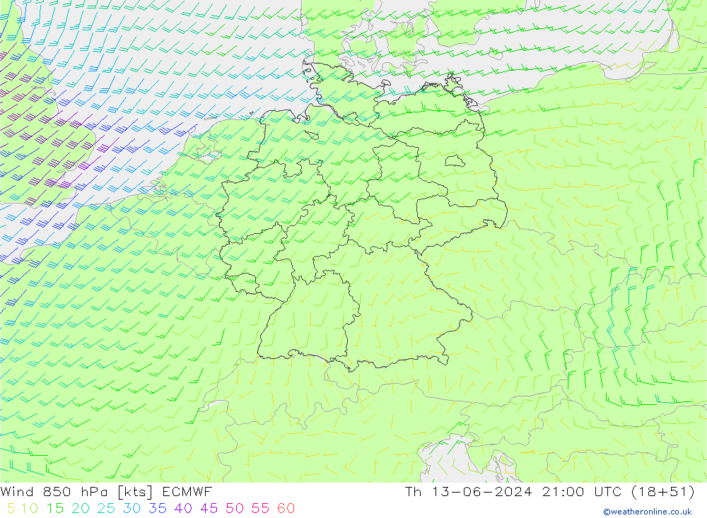 Wind 850 hPa ECMWF Čt 13.06.2024 21 UTC