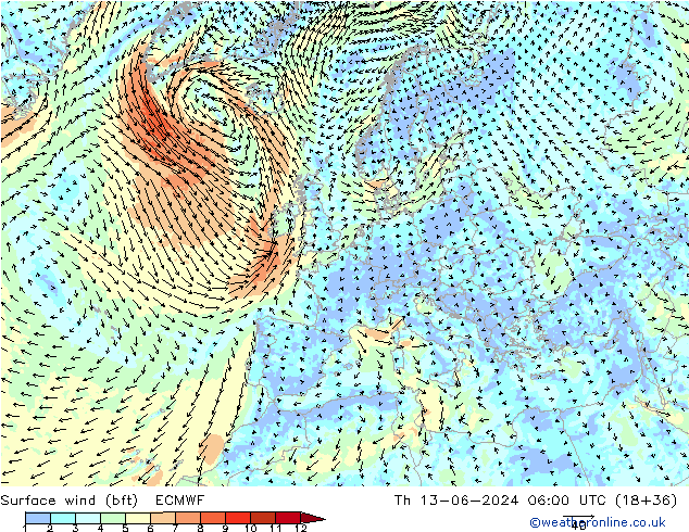 Surface wind (bft) ECMWF Th 13.06.2024 06 UTC