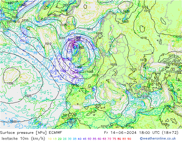 Isotachs (kph) ECMWF  14.06.2024 18 UTC