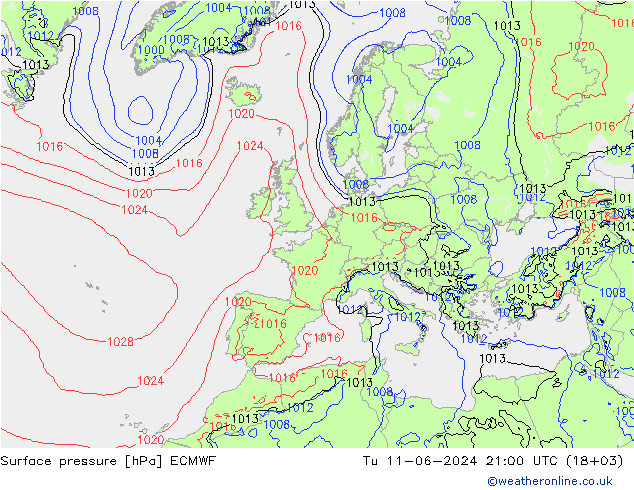 Presión superficial ECMWF mar 11.06.2024 21 UTC