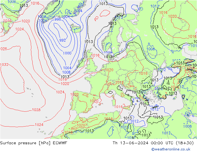 Pressione al suolo ECMWF gio 13.06.2024 00 UTC