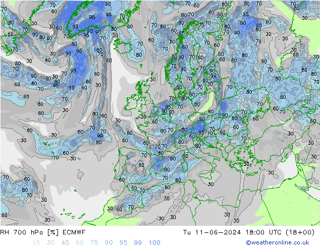 RH 700 hPa ECMWF  11.06.2024 18 UTC