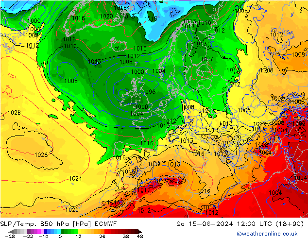 SLP/Temp. 850 hPa ECMWF Sa 15.06.2024 12 UTC